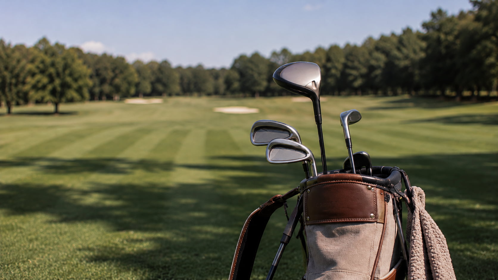 Golfbag med klubbor på en golfbana
